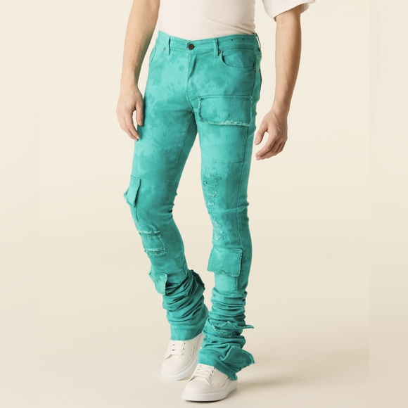 Si Tu Veux Other - Si Tu Veux Teal Tie Dye Billy Jean Skinny Mid-Rise Denim Jeans with Snap Pockets